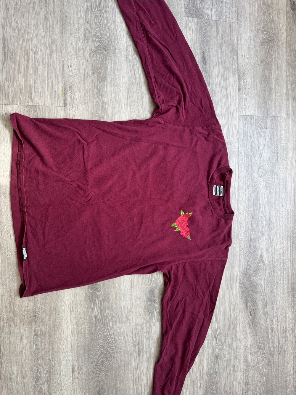 Men's Maroon Long-Sleeve Tee with Embroidered Rose